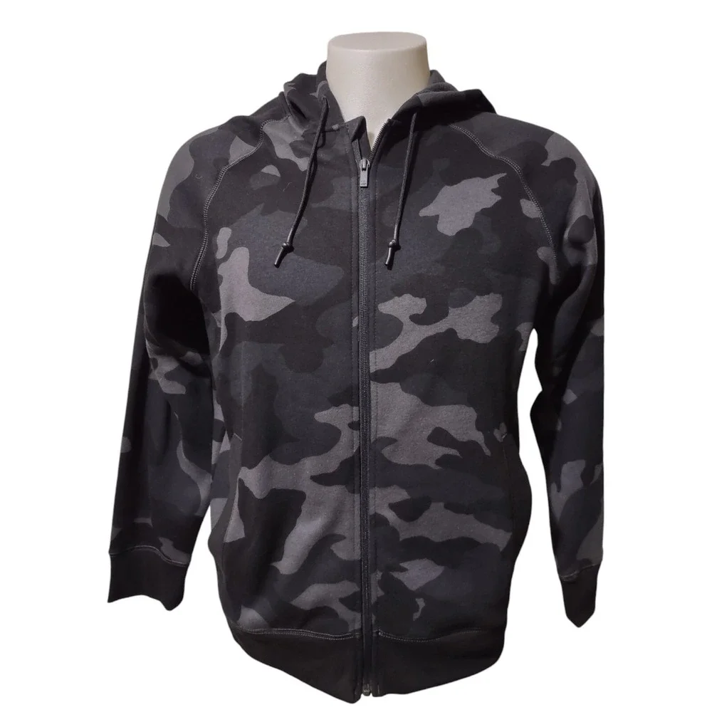 All in Motion Jacket Men's M‎ Gray Camo Full Zip Hooded Fleece Lined Drawstring